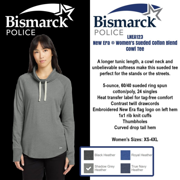 A woman wearing a gray hoodie with the words bismarck police on it.