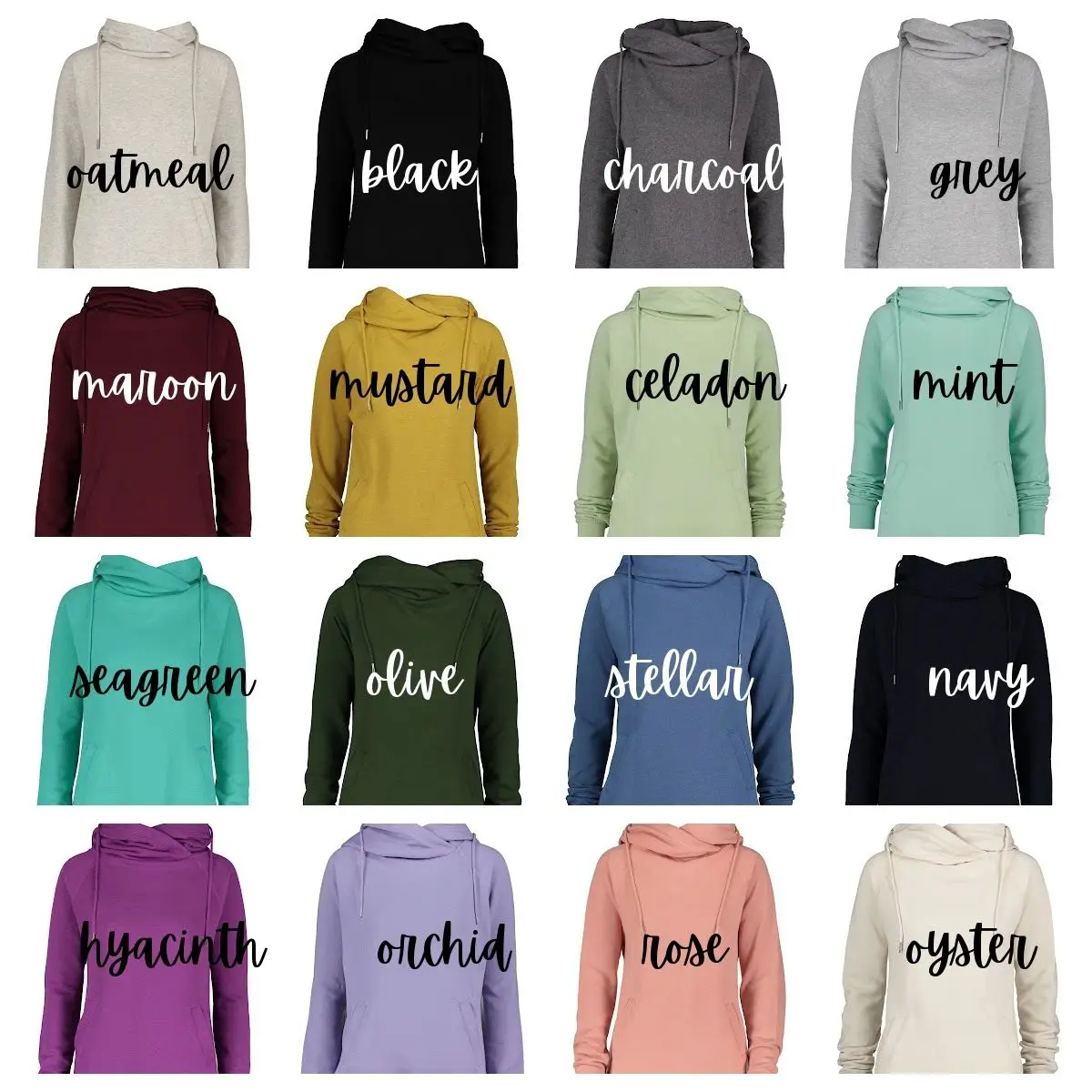 A bunch of different colors of hoodies with words on them