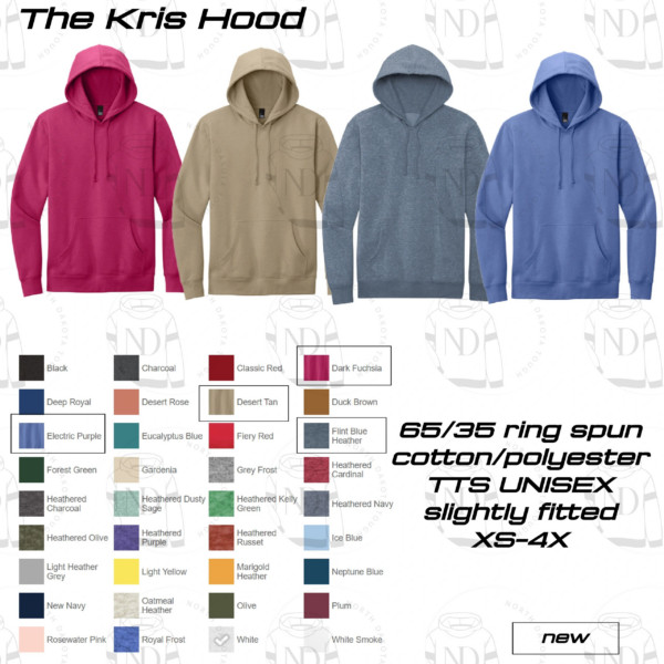 A color chart of different colors for the kris hood.