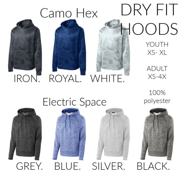 A chart of different colors and sizes of the camo hoodie.
