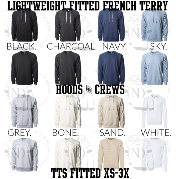 A picture of different colors of hooded shirts.
