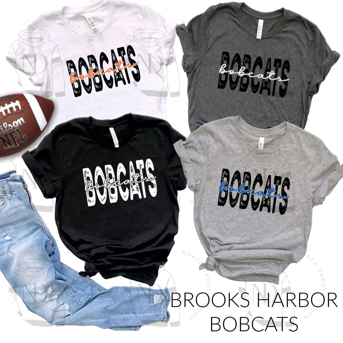 A group of bobcats shirts that are all in black and white.