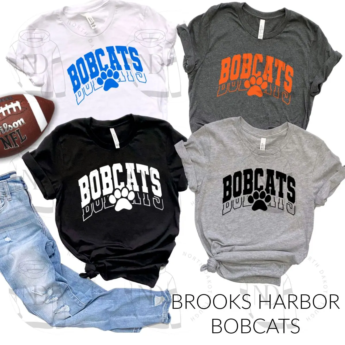 A group of bobcats shirts and jeans.