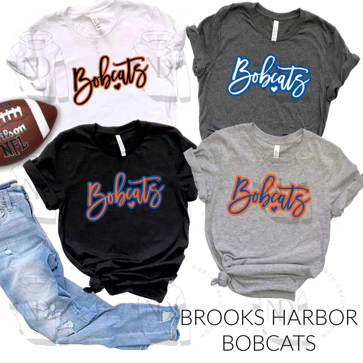 A group of bobcats shirts that are all in black and white.