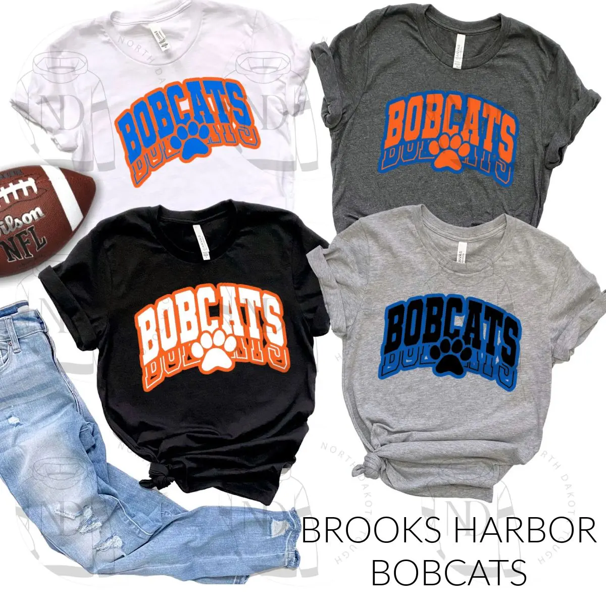 A group of bobcats shirts and jeans.
