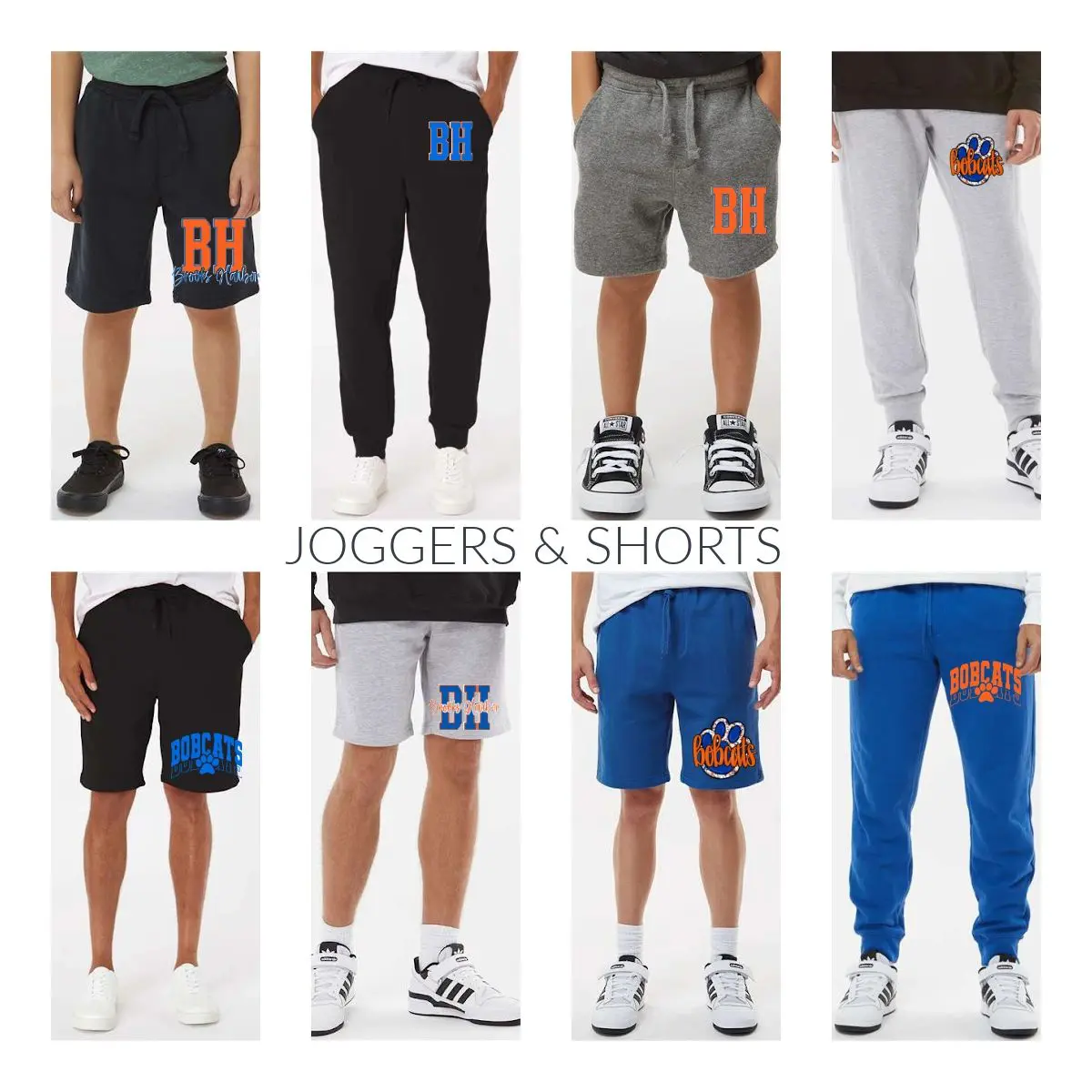 A group of joggers and shorts with different designs.
