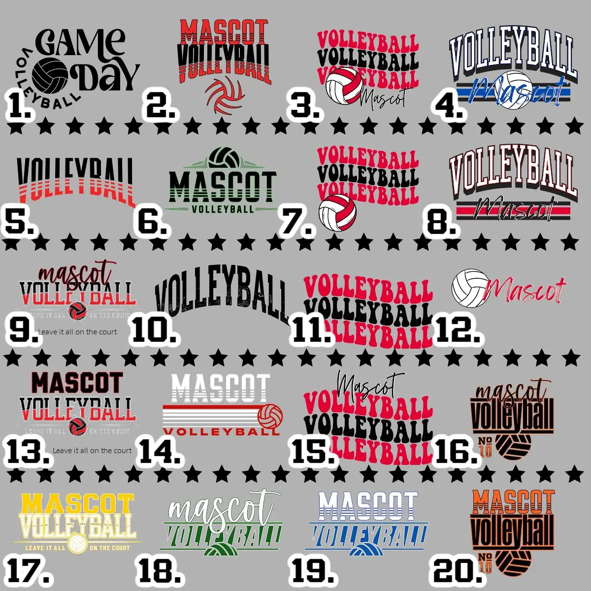 A bunch of different volleyball team shirts with numbers