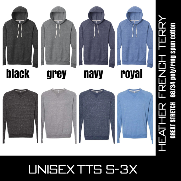 A bunch of different colors of hoodies with names