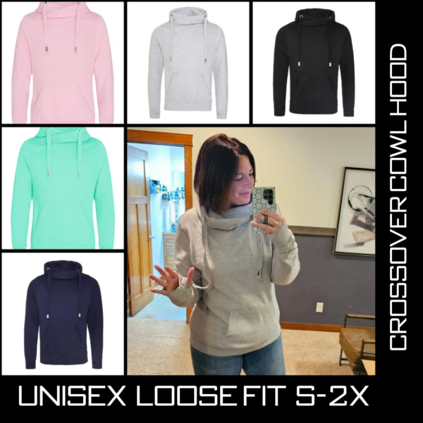 A woman wearing different colored hoodies and standing up.