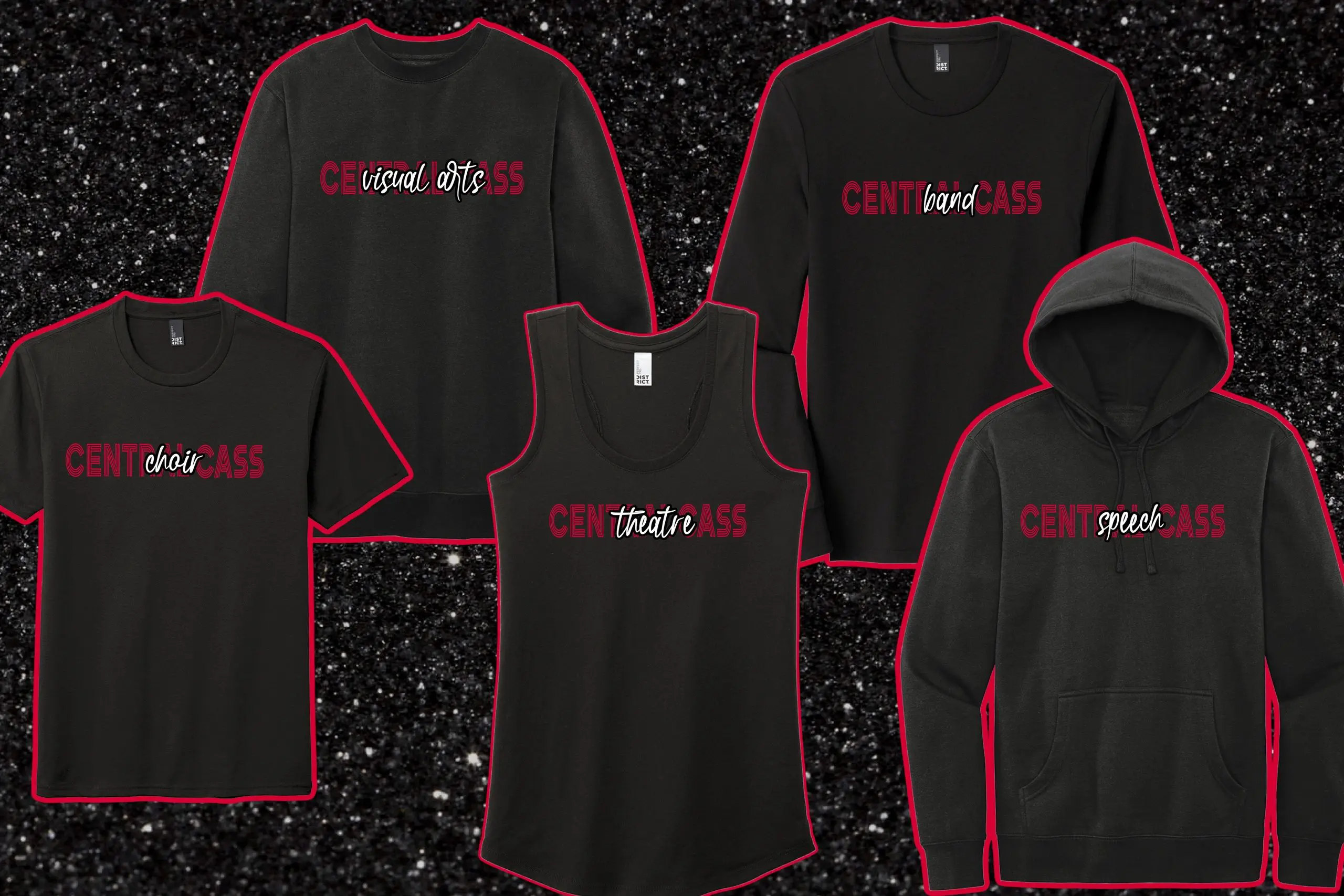A group of six different shirts and hoodies.