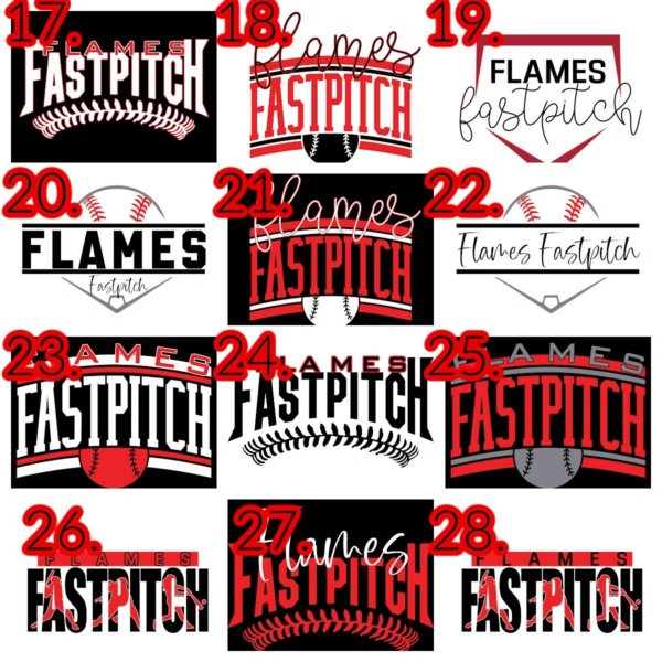 A number of different logos for flames fastpitch
