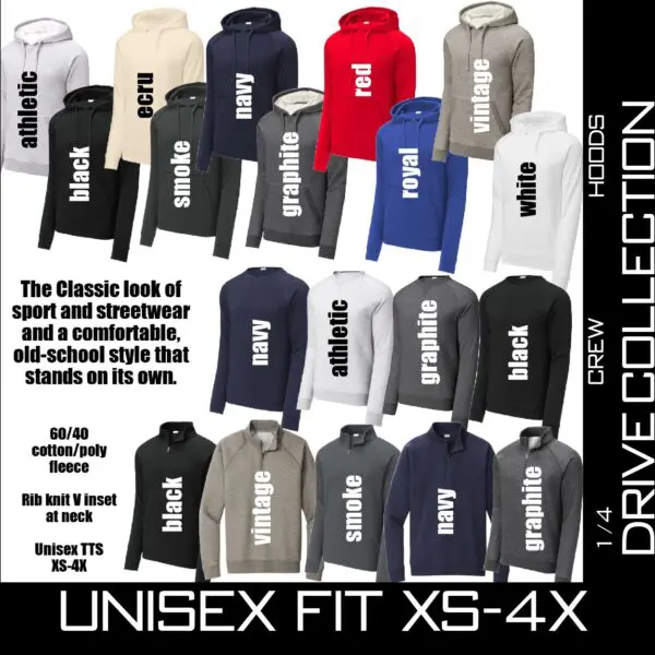 A collection of different colored hoodies with the words " unisex fit xs-4 x ".