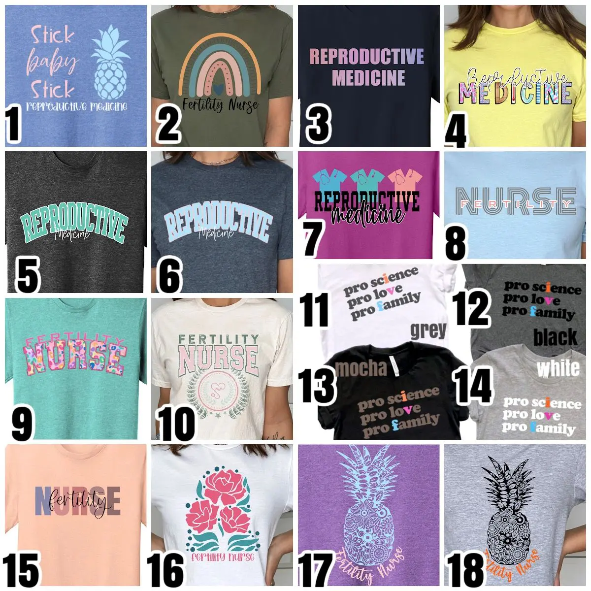 A bunch of different shirts with words on them