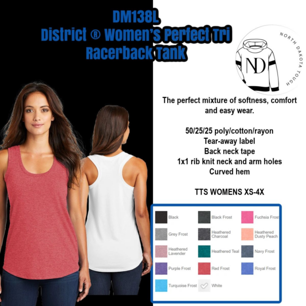 A woman wearing a tank top with text that reads " dm 1 3 0 2 district 6 women 's perfect tri racerback tank ".