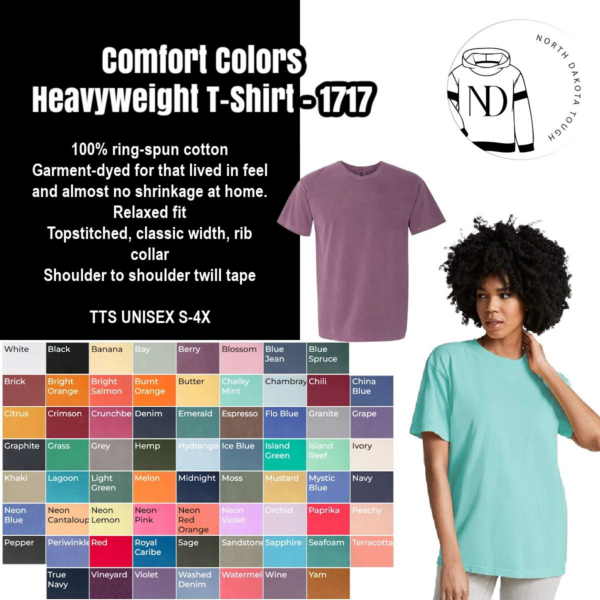 A color chart of comfort colors heavyweight t-shirts.