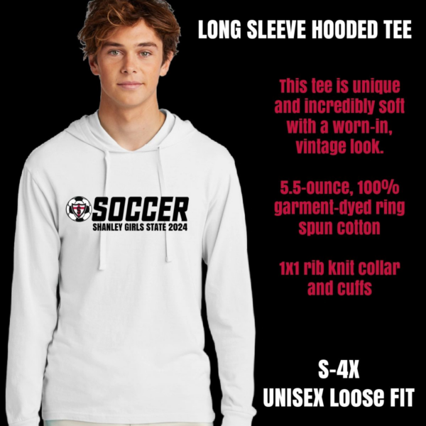 A long sleeve hooded tee with a word on it.