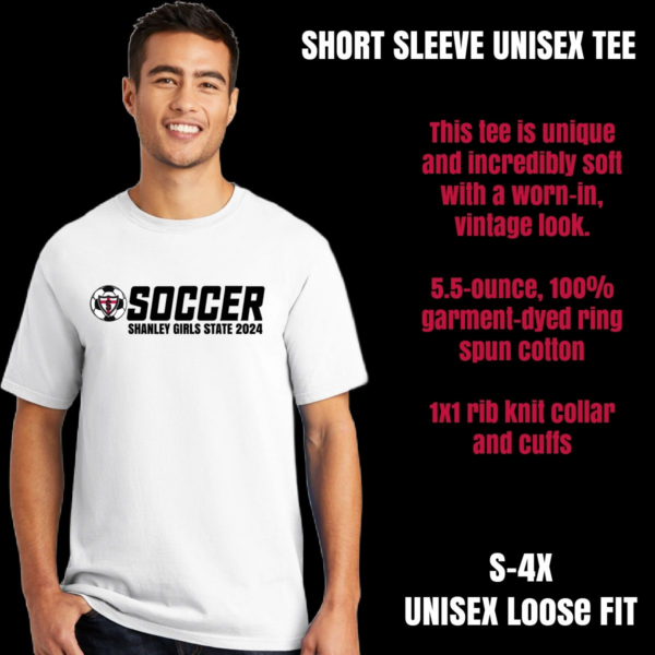 A white short sleeve t-shirt with the words " soccer ".