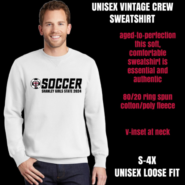 A white sweatshirt with a soccer team logo on it.