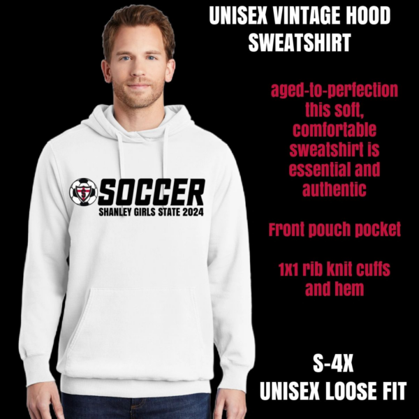 A white hoodie with the words soccer on it.
