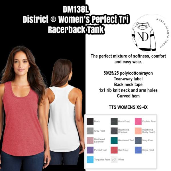 A woman wearing a tank top with text that reads dm 1 3 0 l district women 's perfect tri racerback tank.