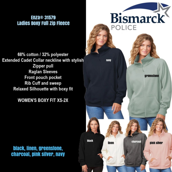 A women 's quarter zip sweatshirt with the name of bismarck police.