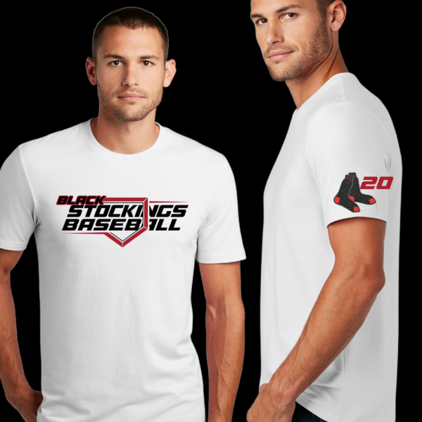 Two men wearing white shirts with a baseball logo on them.