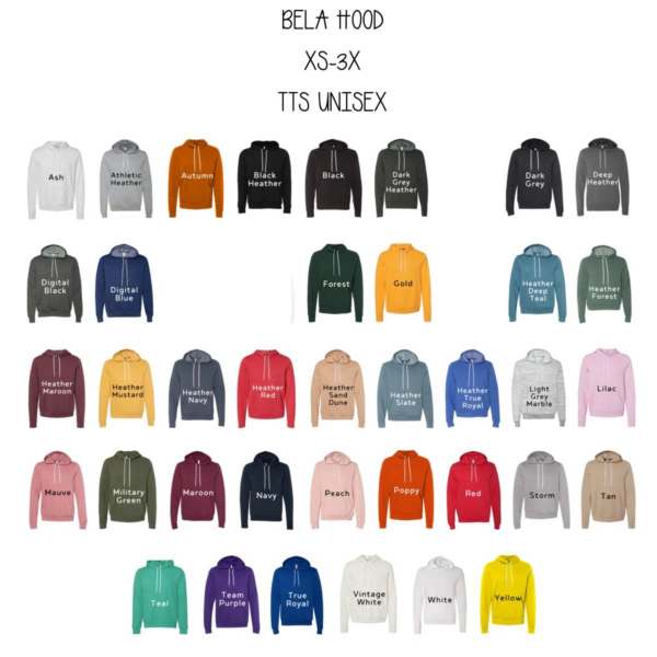 A bunch of different colored hoodies with the words " bella hadid xs-xx ttis unziedk ".