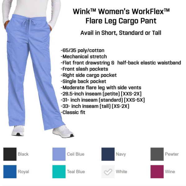 A picture of the color options for women 's workflex flare leg cargo pant.
