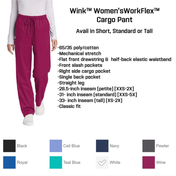 A picture of different colors and sizes of the winx women 's workflex cargo pant.