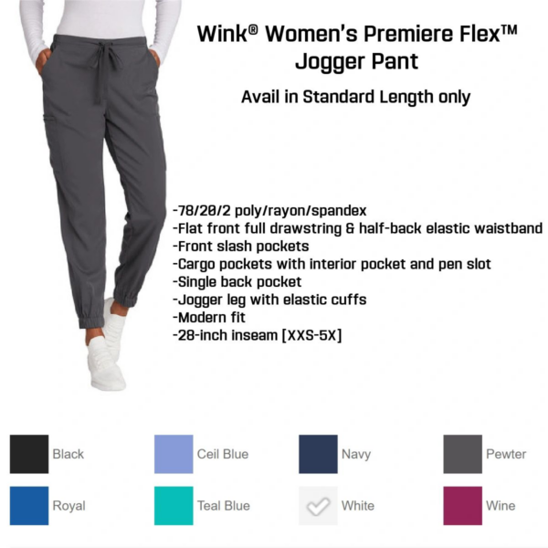 A picture of different colors and sizes of the women 's premiere flex jogger pant.