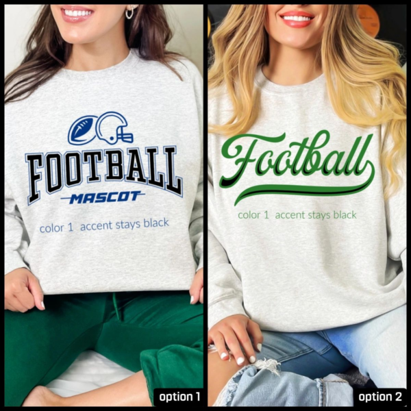 Two women wearing football sweatshirts with different designs.