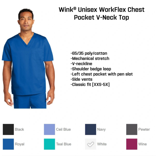 A male nurse wearing a blue shirt and pants.