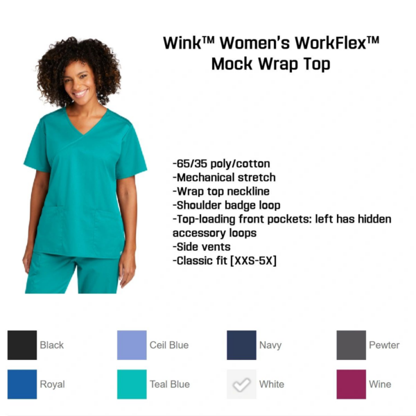 A woman wearing a teal scrub top and pants.