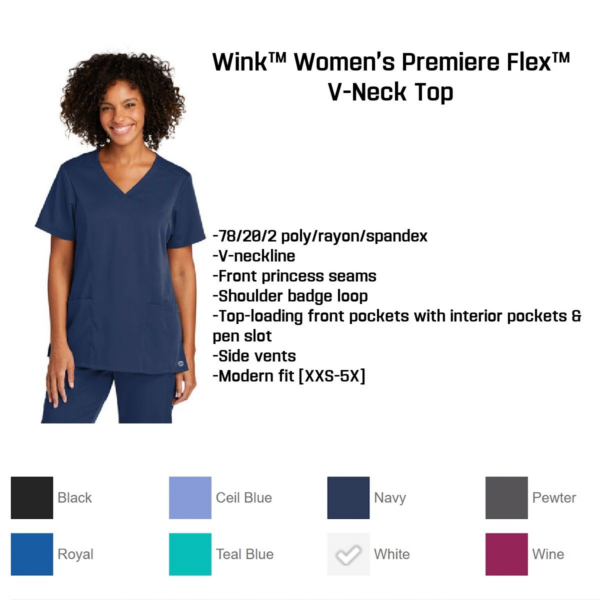 A woman wearing a blue scrub top and white pants.