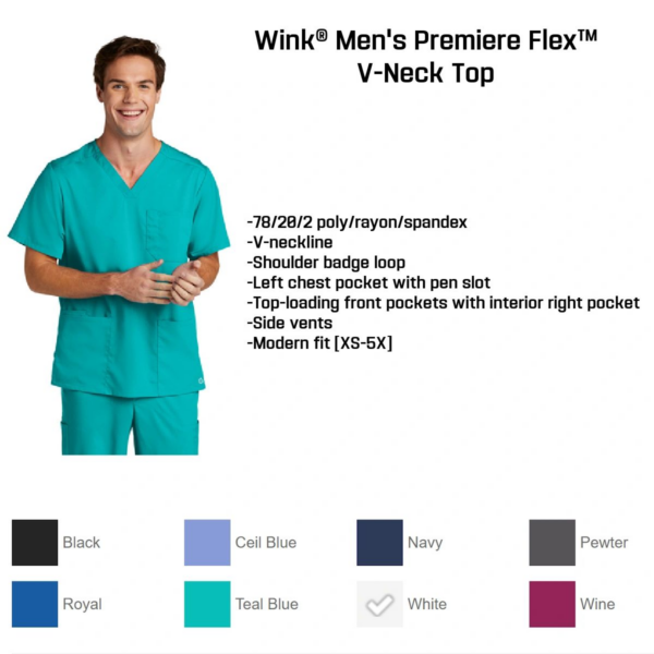 A male nurse wearing a white scrub top and blue pants.