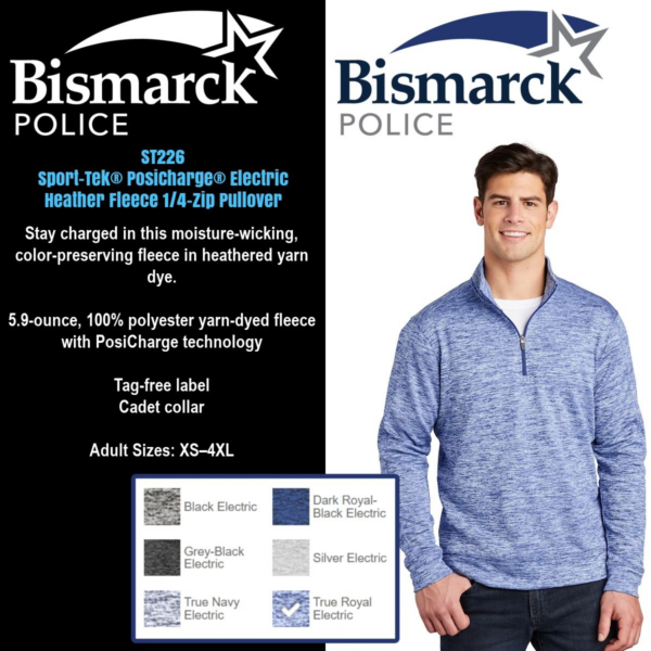 A man wearing a blue sweater with the words bismarck police on it.