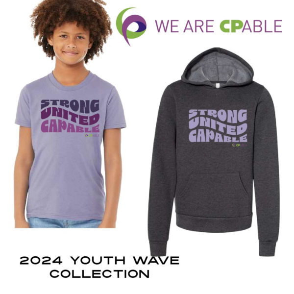 A purple shirt and black hoodie with the words " strong united capable ".