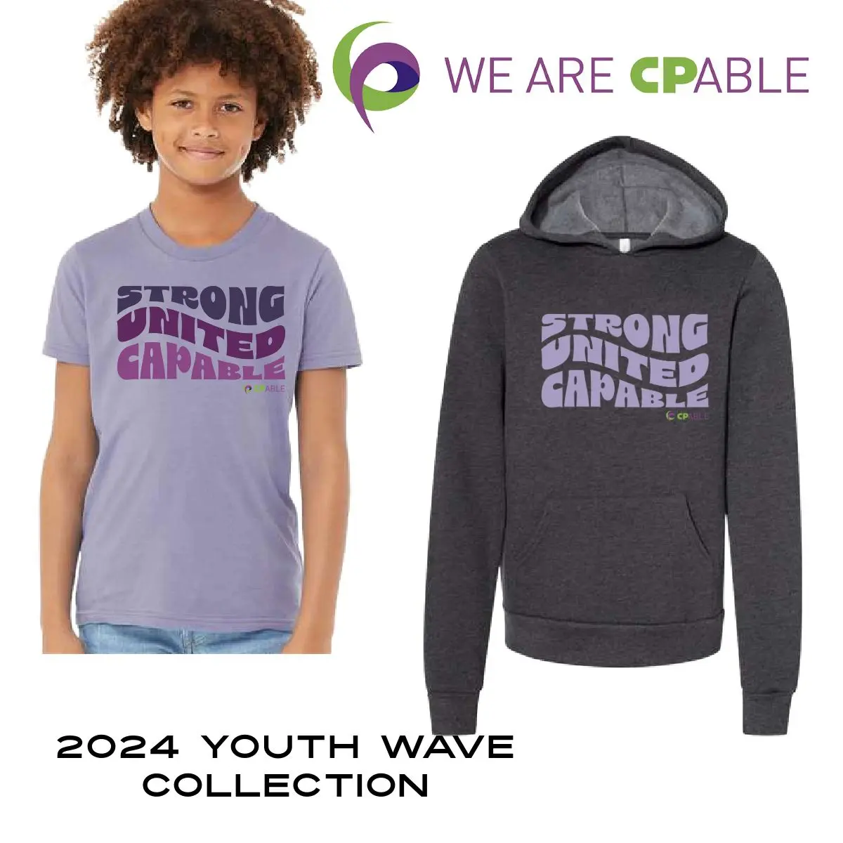 A purple shirt and black hoodie with the words " strong united capable ".