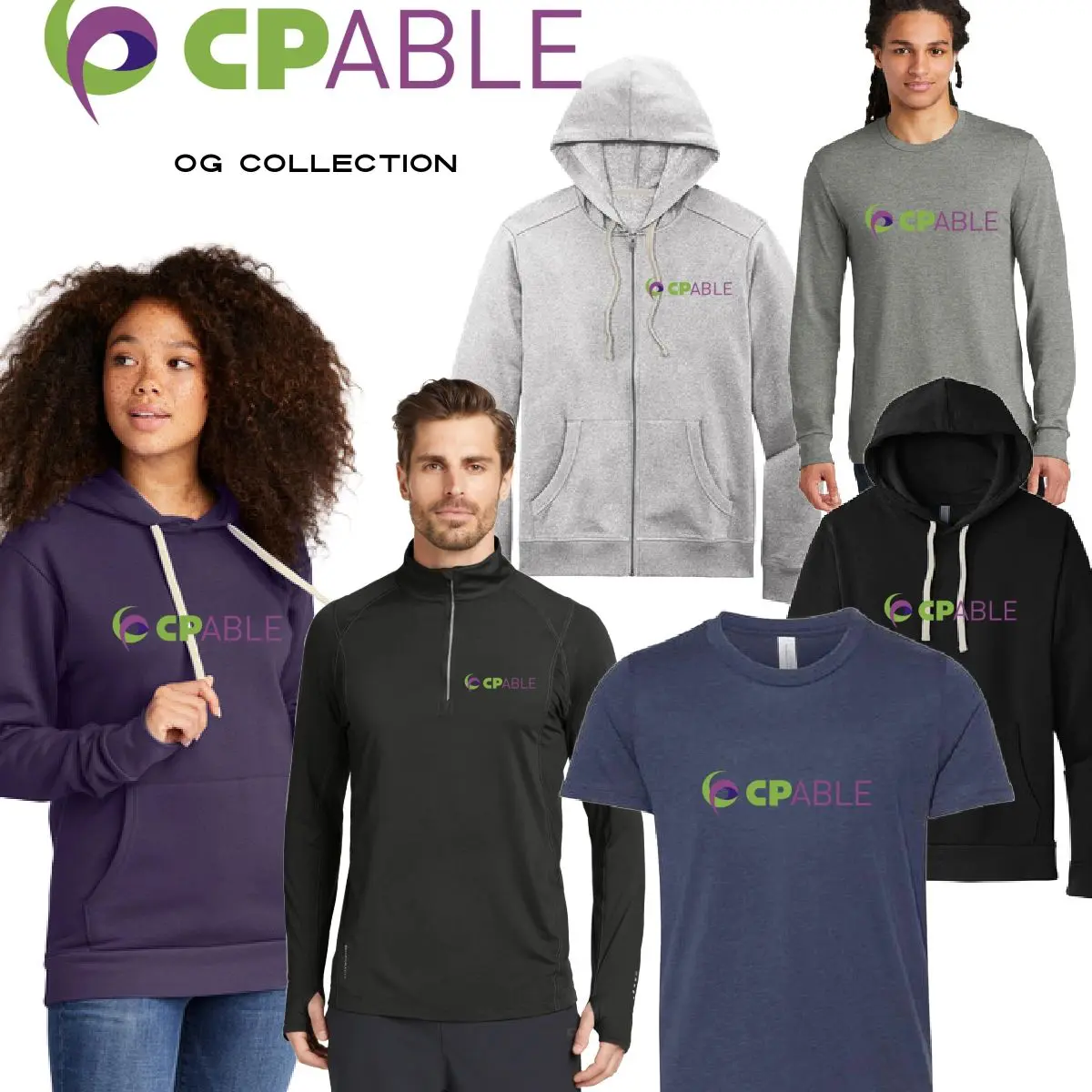 A group of people wearing different colors and logos.