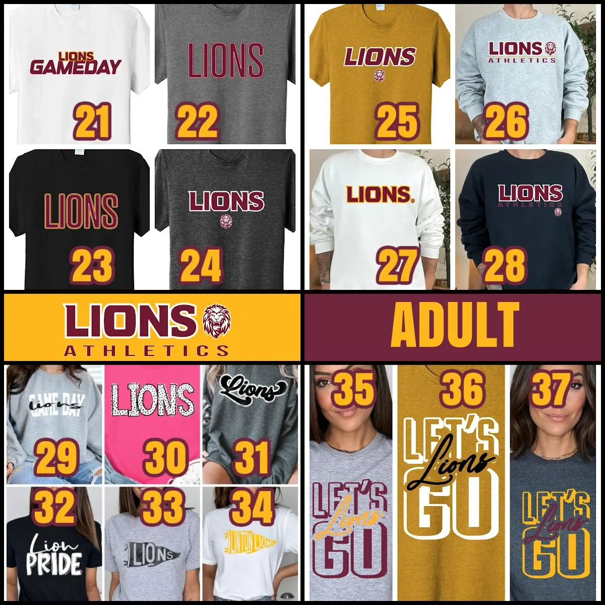 A group of lions athletics shirts with numbers on them.