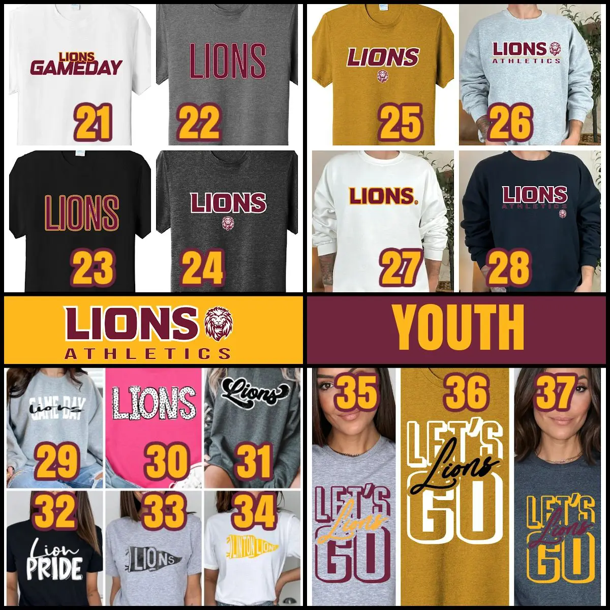 A group of lions shirts with numbers on them.