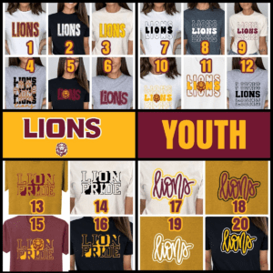 A group of lions shirts with different designs.