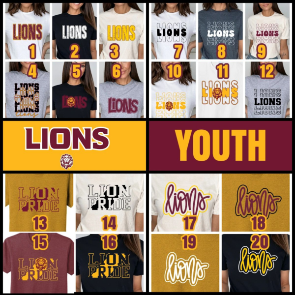 A group of lions shirts with different designs.