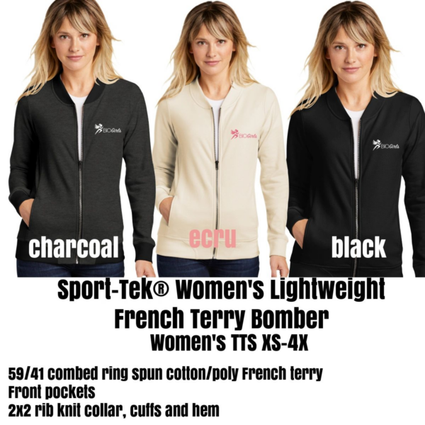 A woman wearing three different colors of jackets.