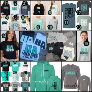 A bunch of different shirts and bags that are all in black, white, and teal.
