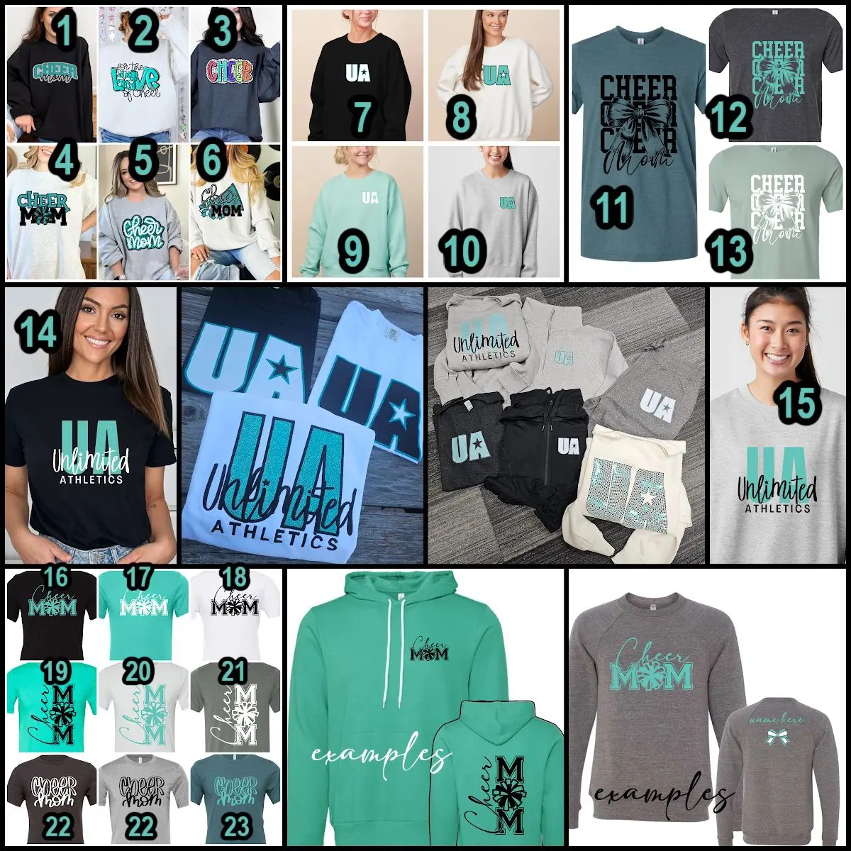 A bunch of different shirts and bags that are all in black, white, and teal.
