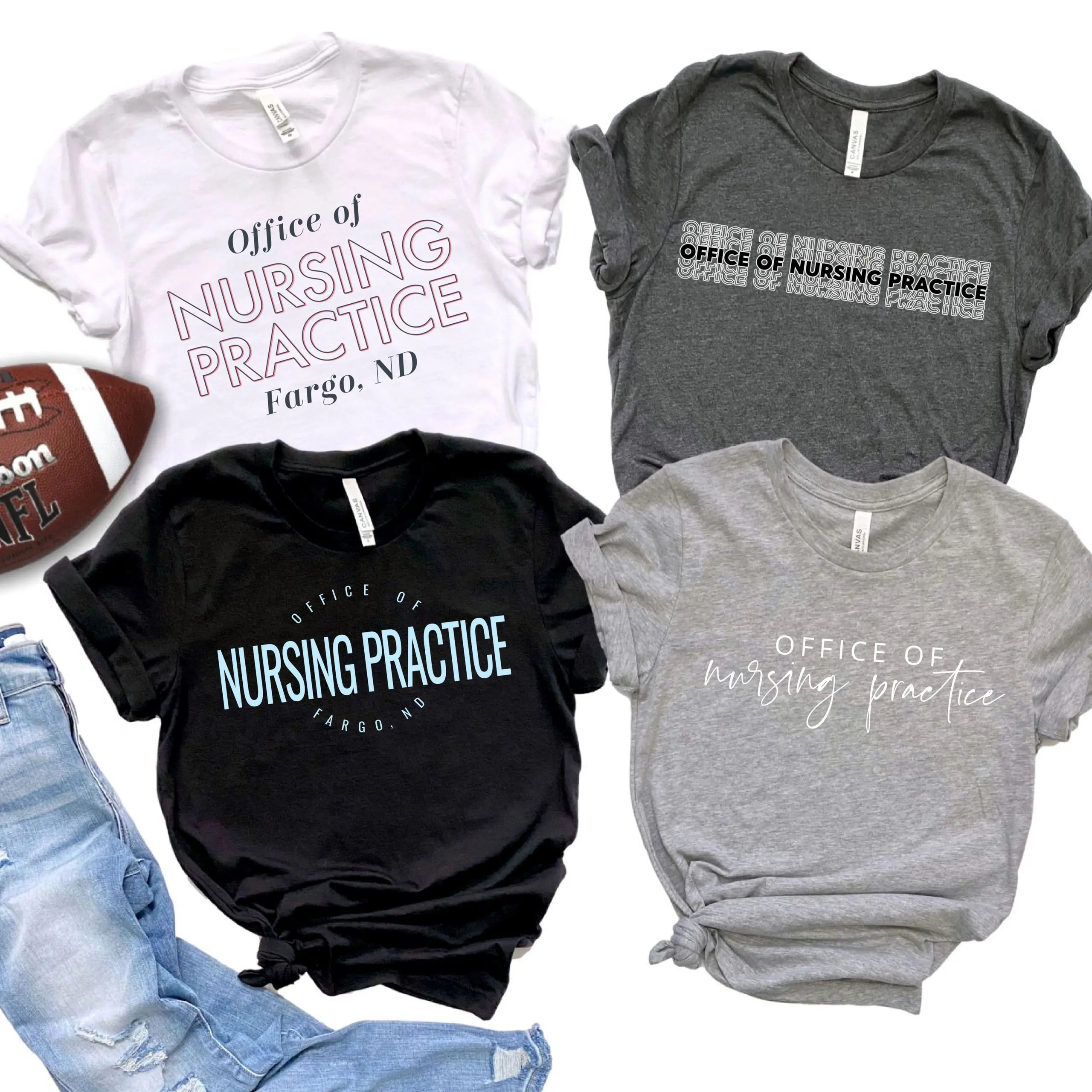 A group of nursing practice shirts sitting next to each other.