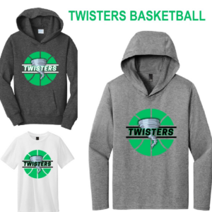 A group of three different colored twisters basketball shirts.