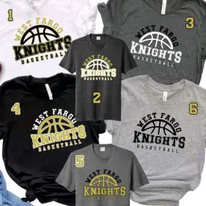 A group of basketball shirts with the number 1 and 2 on them.