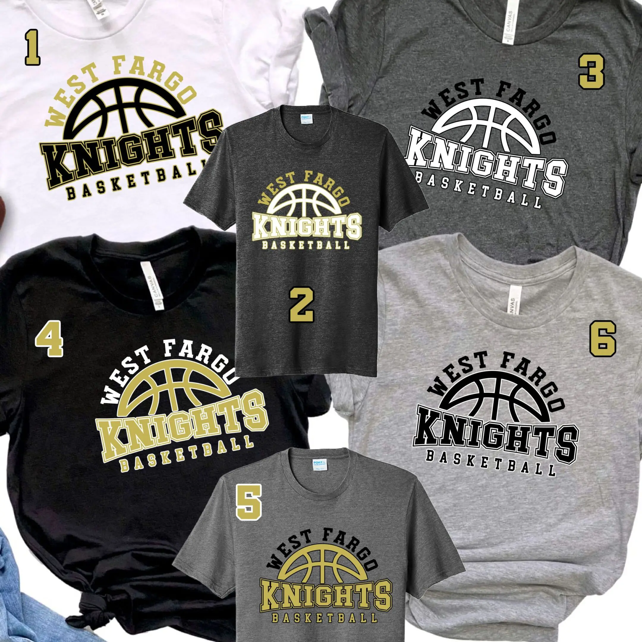 A group of basketball shirts with the number 1 and 2 on them.